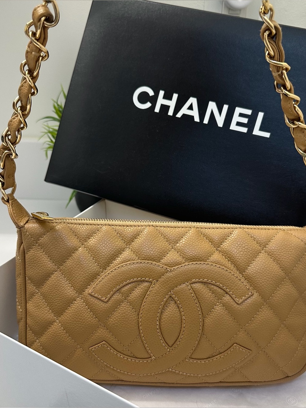100% Authentic Chanel Classic Quilted Timeless Pochette in Beige Caviar Leather